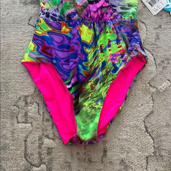 Green and Pink One Piece Swimsuit with Vibrant Design - Picture 6 of 11